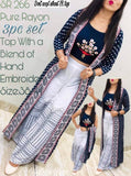 Gorgeous Navy Blue Embroidered Rayon Women Top Palazzo Set with Shrug